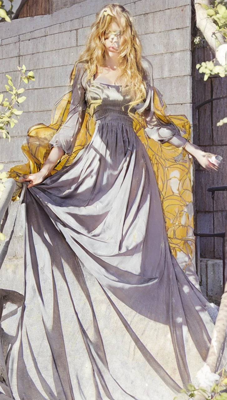 A stunningly lifelike 32-year-old woman with blonde hair, red eyes and beautifull face. Detailed face eyes are open and red color, walking down in the stairs, blue victorian perfect dress