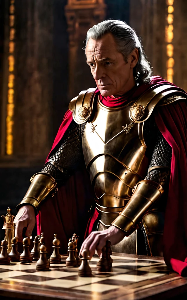 arafed man in armor playing a game of chess, julius caesar, wearing gilded red robes, roman emperor, magneto, inspired by Pogus Caesar, maximus jacobs, inspired by Caesar van Everdingen, portrait shot, caesar, high quality image, christopher lloyd as belial, bryan cranston as thor, arsen lupin as a paladin, background dark, hyper realistic, ultra detailed hyper realistic, photorealistic, Studio Lighting, reflections, dynamic pose, Cinematic, Color Grading, Photography, Shot on 50mm lens, Ultra-Wide Angle, Depth of Field, hyper-detailed, beautifully color, 8k, Detailed background, dark light, twilight lighting, Volumetric lighting, intricate details, ultra high definition,