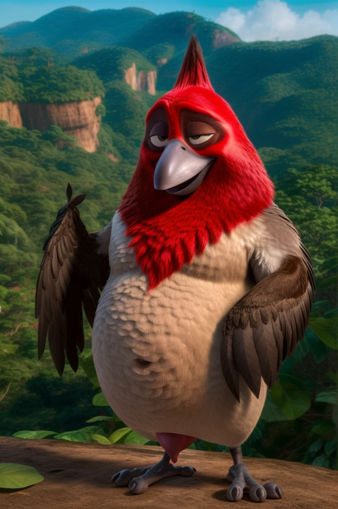 ((NSFW, sexual)), rio movie, jungle landscape, pedro a male red-crested cardinal, avian, ((anthro)), human body, furry, feathered arms, chubby body, ((exposing big tapering penis,)), standing, brown eyes, bedroom eyes, seductive, smiling, realistic, digitigrade legs, detailed eyes