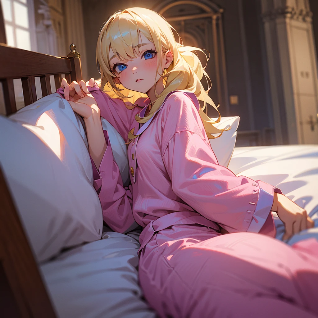 Blonde hair teenage girl with blue eyes waking up in bed that is in a castle, wearing pink pajamas