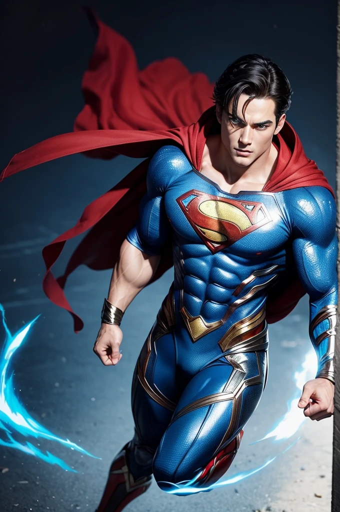 Fusion of Superman and Wonder Woman. blue colored eyes, shorth hair, masculine.