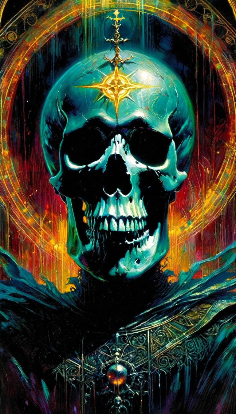 (tarot card death card,intricate detailed oil painting by Bill Sienkiewicz,vivid colors,highly detailed,cinematic dramatic lighting,mysterious,dark gothic,occult symbolism,visceral,haunting,masterpiece)