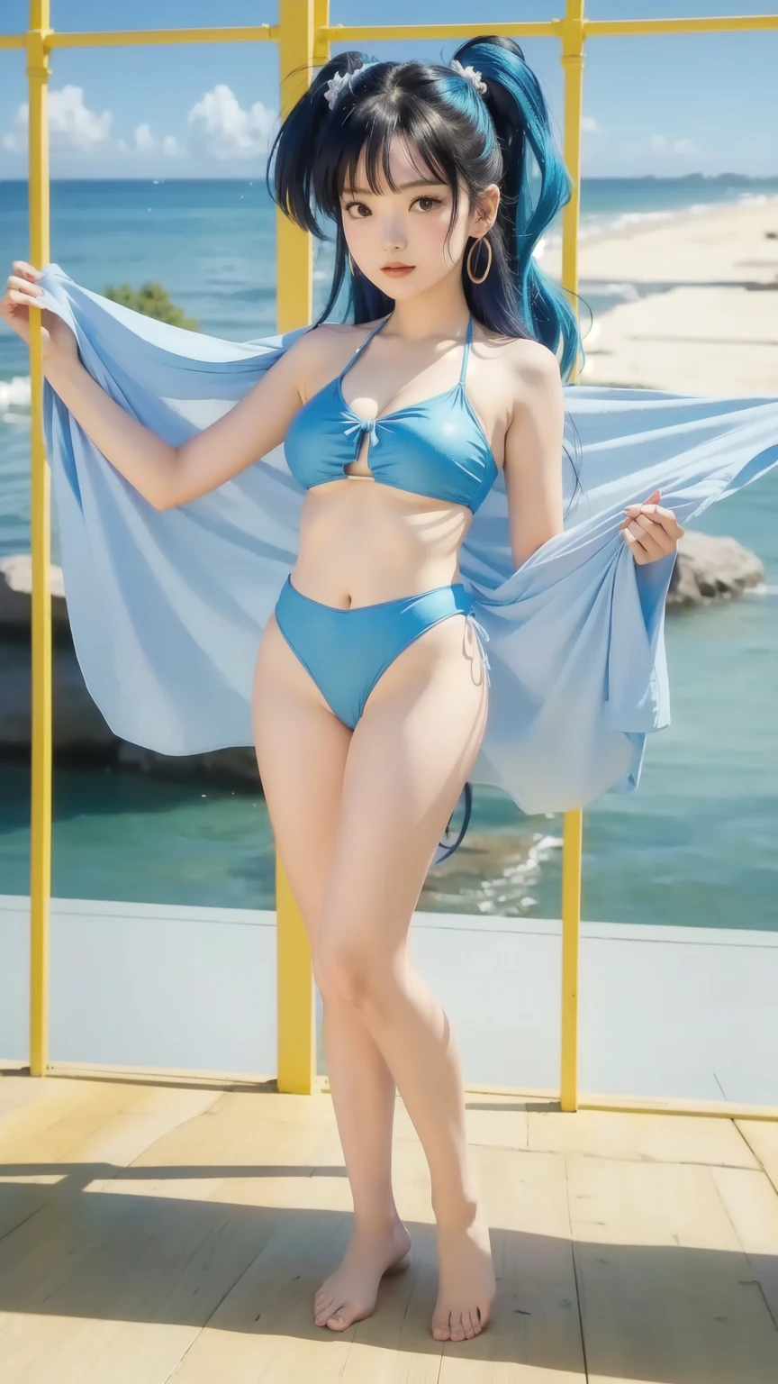 sailor moon is a very cute girl in a bikini, nico robin, nami from one piece, is wearing a swimsuit, nami one piece, rei hino as a princess, swimsuit, full body close-up shot, attire: bikini, Blue hair from one piece, eiichiro oda style, anya from spy x family, full body:: sunny weather:: Blue hair , big