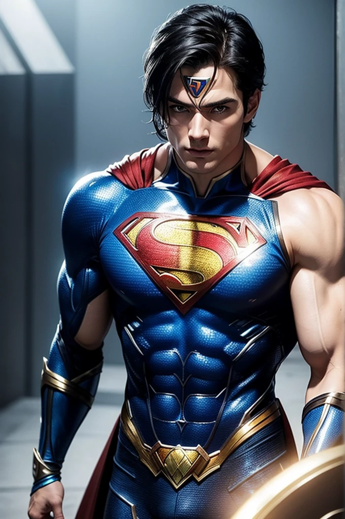 Fusion of Superman and Wonder Woman. blue colored eyes, shorth hair, masculine.