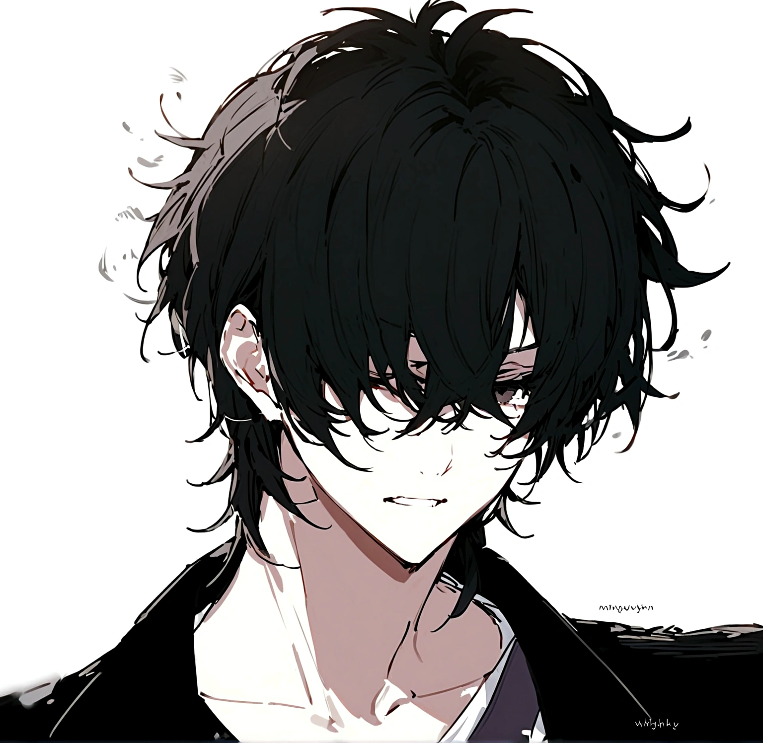 A handsome young man with side swept hair bangs the covered his eyes he has messy black hair and wears simple yet stylish clothes his face devoid of emotion 
