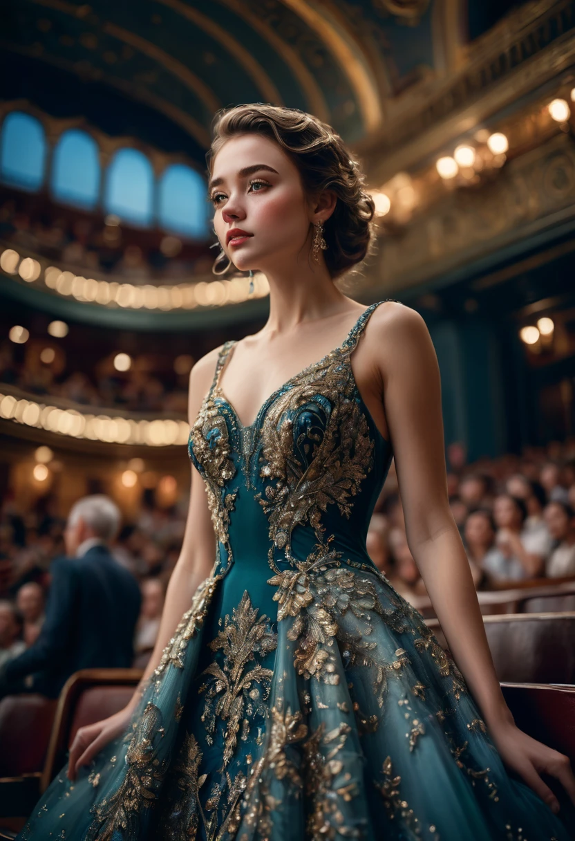 Evening Dress, theater, by Annie O'Brien, RAWphoto, 35mm photograph, bokeh, best quality, masterpiece, very aesthetic, perfect composition, intricate details, ultra-detailed