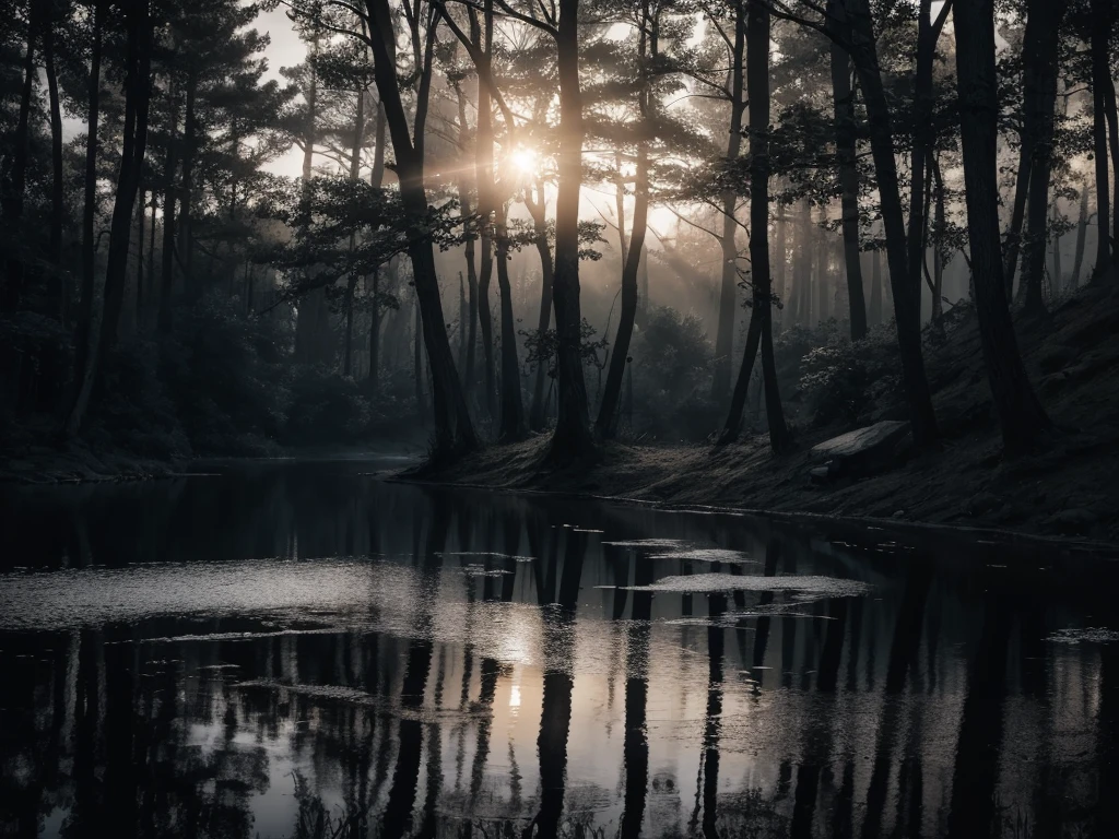 (RAW style, masterpiece, best quality, Extremely detailed),Sunrise over the long river, Volumetric light casting a golden glow on the water, Tranquil scenery, Foggy atmosphere, At the crack of dawn, Clear reflection, light, Sunlight shines through the trees, Ultra-high resolution, (Realistic water texture: 1.2), (Stunning sunrise: 1.1), (vibrant color palette: 1.1), (Incredible details: 1.0), (Immersive: 1.1), (Gorgeous: 1.1), (Fascinating: 1.1),a black and white photo of forest with statue, horror comics, trees and forest on the back with crawl statue, black and white, comics, crawl, This is Junji&#39;s work, This is the subtle Shunji, Junji is 4k, portrait , art This is Junji&#39;style., This is Junji&#39;style., Smile, This is Junji&#39;style.,