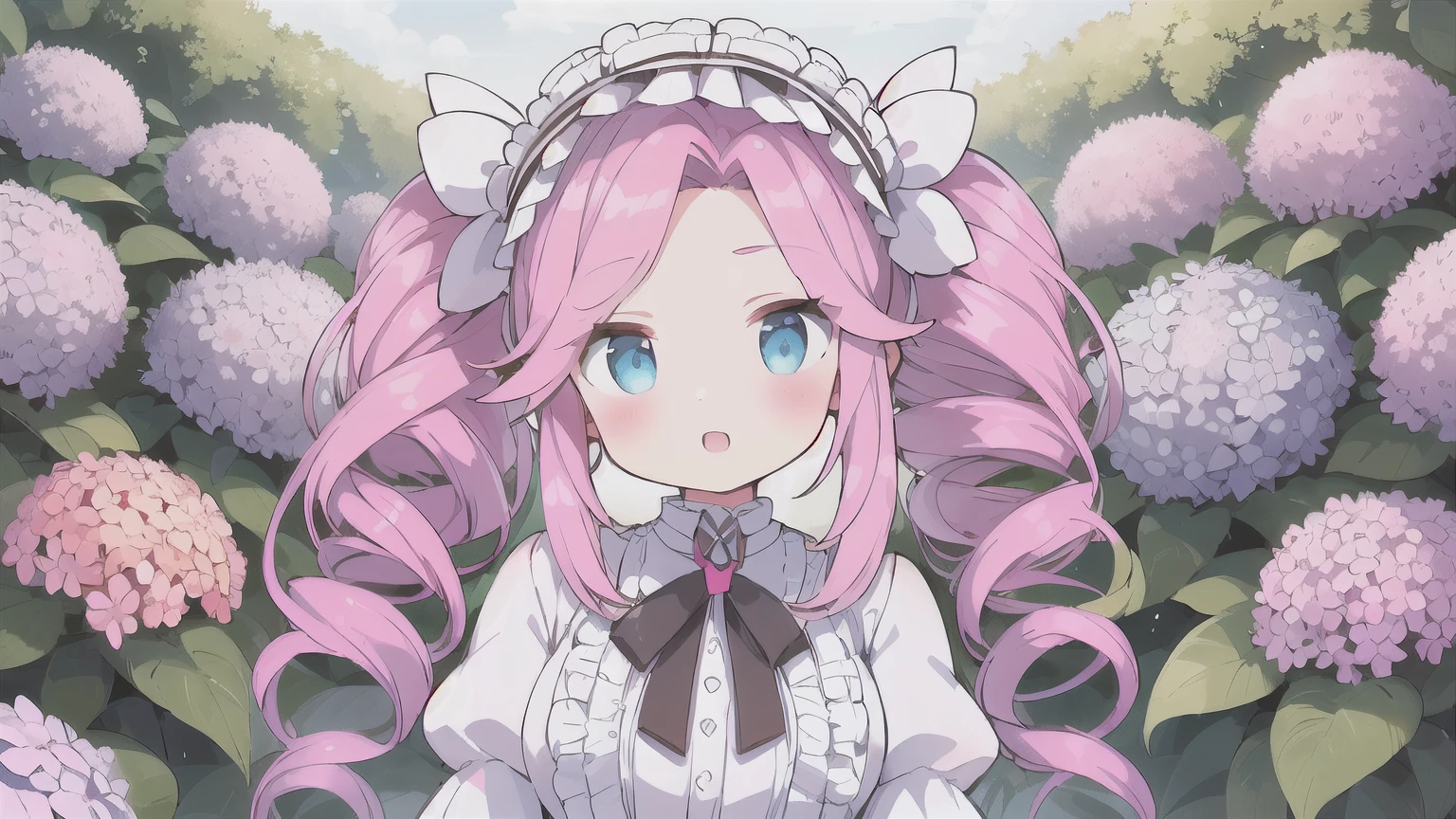 &quot;One Woman&quot;、young、blue eyes、Pink Hair、Long Hair、Drill-shaped twin-tail hairstyle、White Lolita Fashion、Upper Body、front、Hydrangea garden