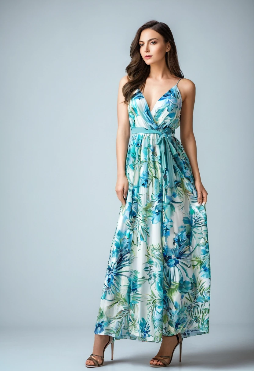 Beautiful attractive woman , stand up, modern summer style ,full-length , beautiful dress