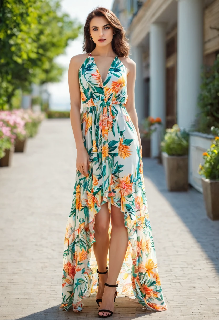 Beautiful attractive woman , stand up, modern summer style ,full-length , beautiful dress
