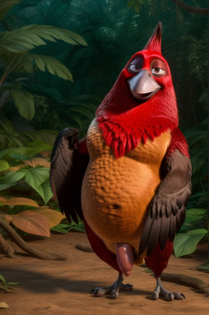 ((NSFW, sexual)), rio movie, jungle landscape, pedro a male red-crested cardinal, avian, ((anthro)), human body, furry, feathered arms, chubby body, ((exposing big tapering penis, testicles)), standing, brown eyes, bedroom eyes, seductive, smiling, realistic, digitigrade legs, detailed eyes