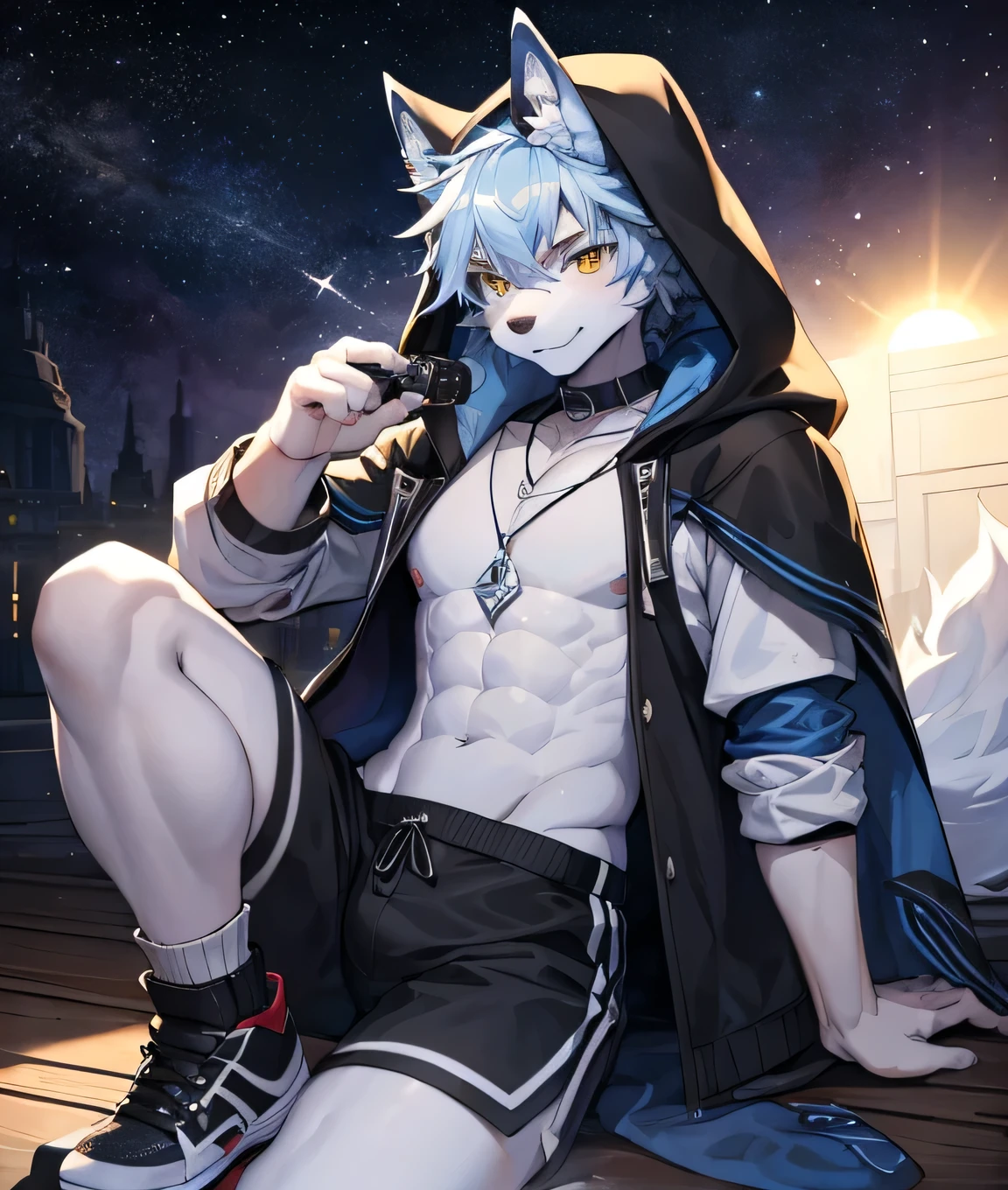 Drawing a male wolf orc，19 years old，White blue fur，There is a black pick dye，Golden eye color，ager figure，Proportionate and slim，But the abdominal muscles and chest muscles are all there。Gentle expression。Wearing a white T-shirt with a large black logo &quot;x&quot;，There is a blue crystal pendant hanging around her neck.，I usually wear a blue and white full-body coat.，The hem of the jacket is fringed，About ankle length，There is a sun-proof laser film on the outside of the fabric，There is a hood，The hood is specially designed with space for the wolf ears，Plush fabric is used on the hat。Black shorts on the lower body，Left thigh with leg ring。Wear black sports socks，The length is about half of the calf length。Both feet are wearing black and purple sneakers