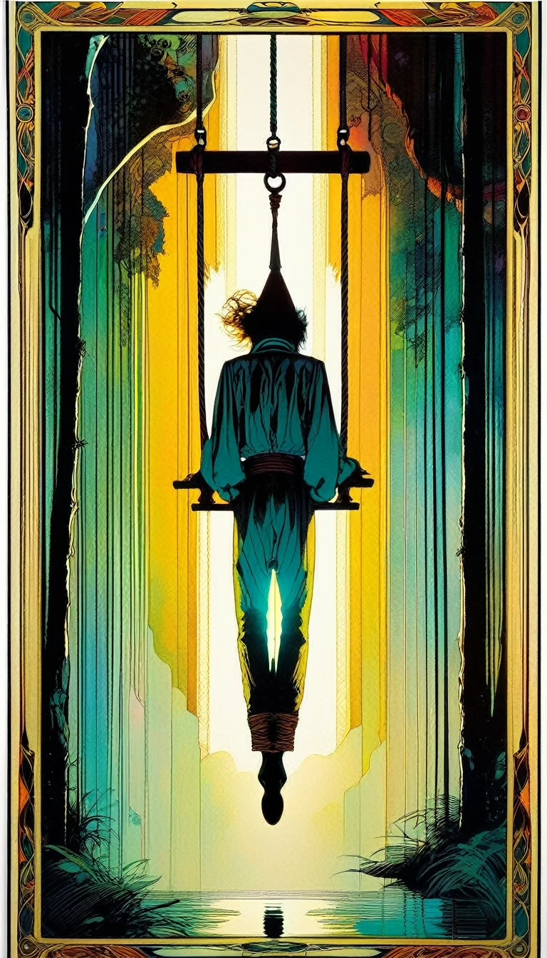 ((tarot card)) THE HANGED MAN ((card frame)), (man TIED AND Hung upside down) work by Bill Sienkiewicz, vivid colors, intricate details, oil.