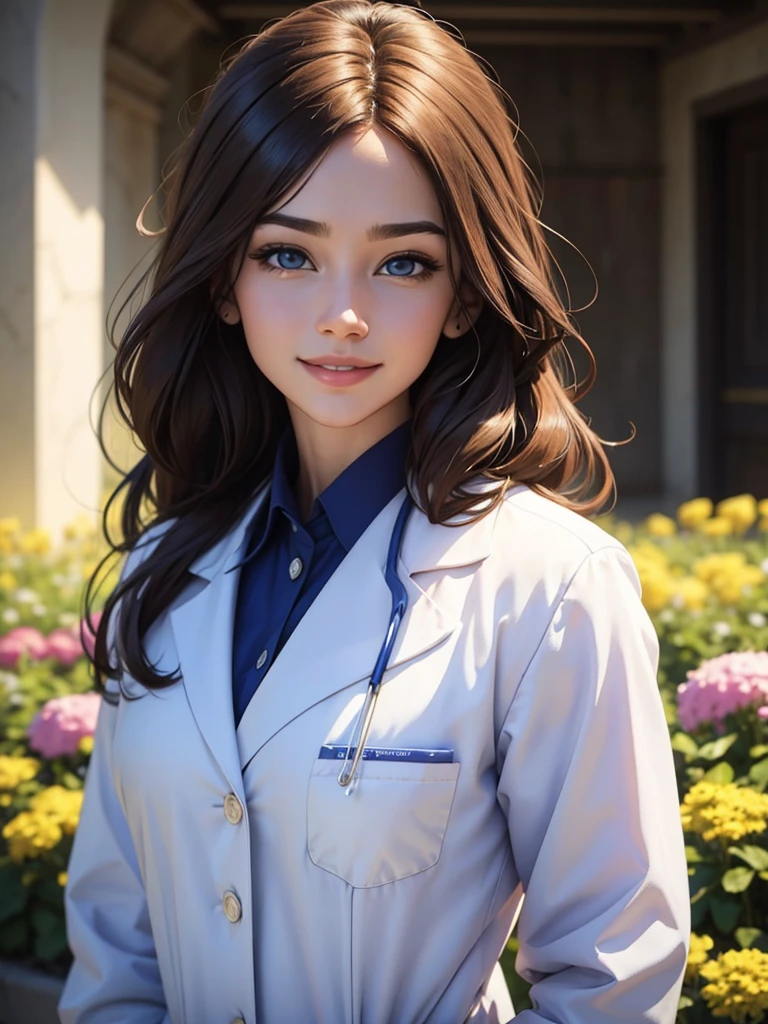 beautiful humanization of medicine, noble young smiling woman in a white medical coat, brown hair, huge light blue eyes full of kindness and happiness, blooming flowers, colors of shadows and light, color scheme, expressive careful detailed drawing, super detailed, delicate natural shades, shine, natural surroundings, beauty, good angle, double exposure, depth, sharpness, captivating haze