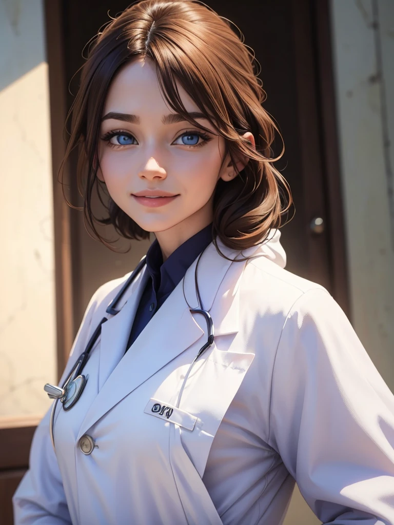 beautiful humanization of medicine, noble young smiling woman in a white medical coat, brown hair, huge light blue eyes full of kindness and happiness, blooming flowers, colors of shadows and light, color scheme, expressive careful detailed drawing, super detailed, delicate natural shades, shine, natural surroundings, beauty, good angle, double exposure, depth, sharpness, captivating haze