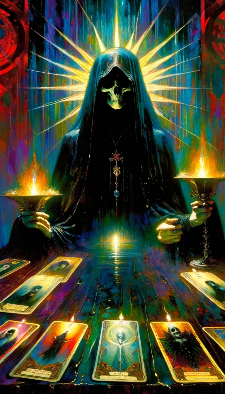(tarot card death card,intricate detailed oil painting by Bill Sienkiewicz,vivid colors,highly detailed,cinematic dramatic lighting,mysterious,dark gothic,occult symbolism,visceral,haunting,masterpiece)