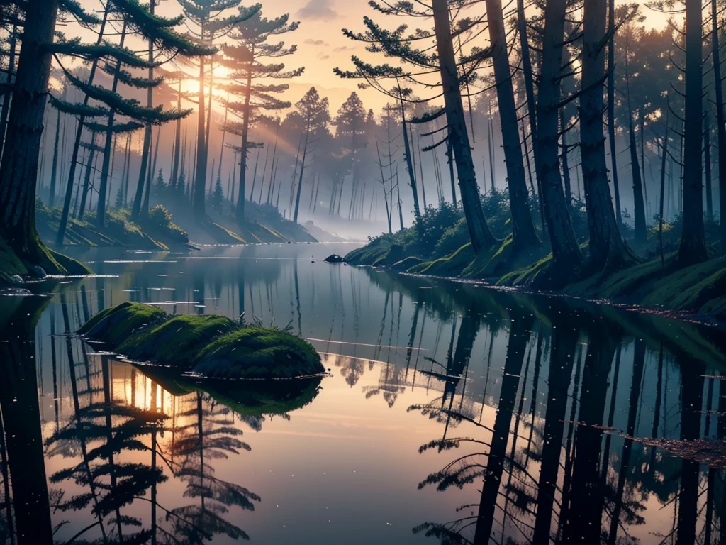 (RAW style, masterpiece, best quality, Extremely detailed),Sunrise over the long river, Volumetric light casting a golden glow on the water, Tranquil scenery, Foggy atmosphere, At the crack of dawn, Clear reflection, light, Sunlight shines through the trees, Ultra-high resolution, (Realistic water texture: 1.2), (Stunning sunrise: 1.1), (vibrant color palette: 1.1), (Incredible details: 1.0), (Immersive: 1.1), (Gorgeous: 1.1), (Fascinating: 1.1),a black and white photo of forest with statue, horror comics, trees and forest on the back with crawl statue, black and white, comics, crawl, This is Junji&#39;s work, This is the subtle Shunji, Junji is 4k, portrait , art This is Junji&#39;style., This is Junji&#39;style., Smile, This is Junji&#39;style.,