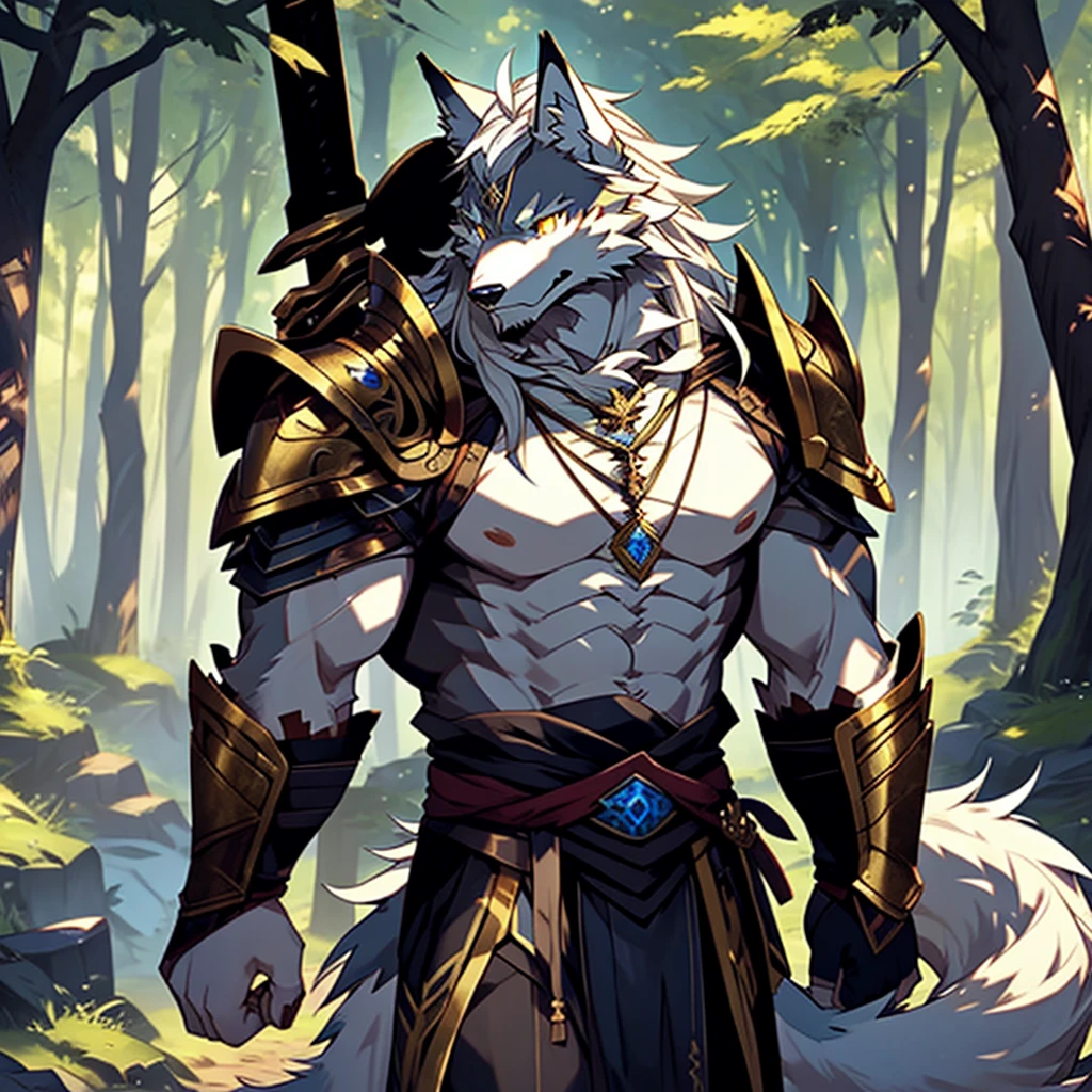 Injuried、、and、Sad eyes、Wound、armor、Long Sword、hairy、masterpiece、Anthropomorphic white wolf、Dragon-like golden eyes、Pure white hair、Tail、Wolf head pendant、forest