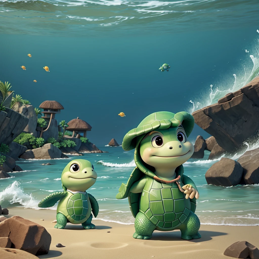A little turtle against the waves to enter the sea.