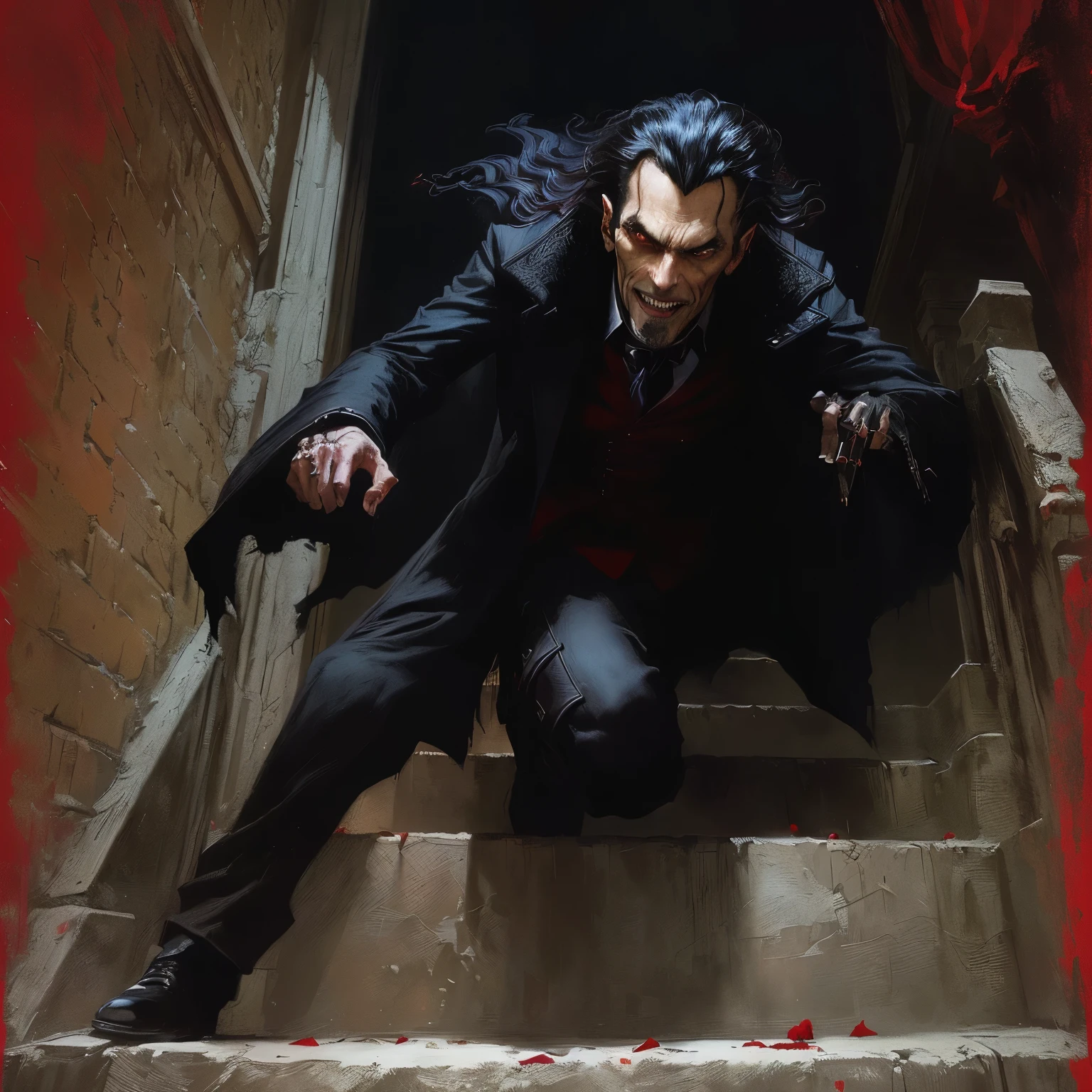 arafed man in a black coat and red shirt climbing up a set of stairs, by Dave Dorman, morbius, adi granov, male vampire, scary vampire, vampire, l vampire, male vampire of clan banu haqim, inspired by Dave Dorman, style of donato giancola, by Donato Giancola, dark fantasy horror art