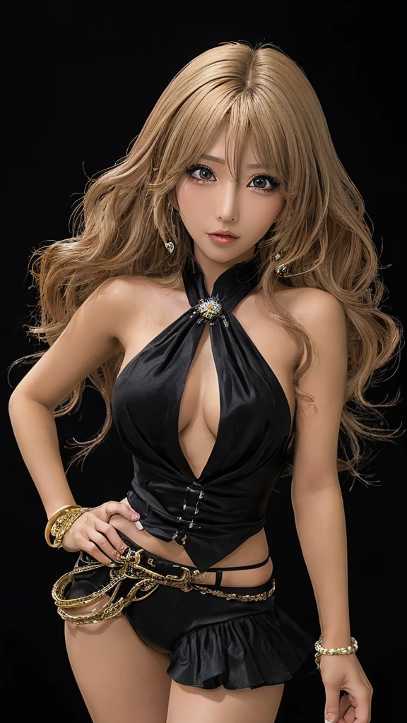 masterpiece,
1girl, cowboy shot, black background,
gyaru,