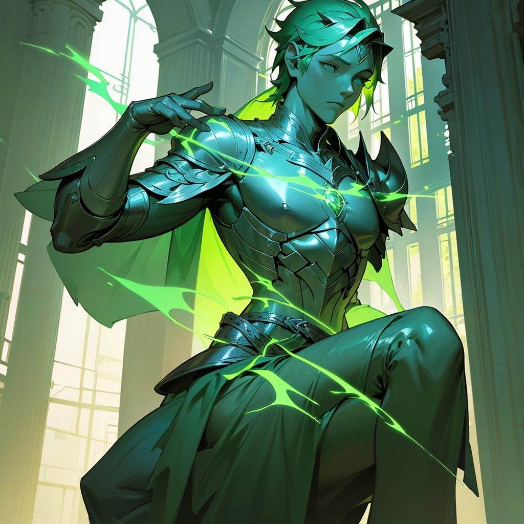 Magestic Statue made of Green Mithril, ruins, under the surface, male, Fantasy Enviroment, Glowing Green