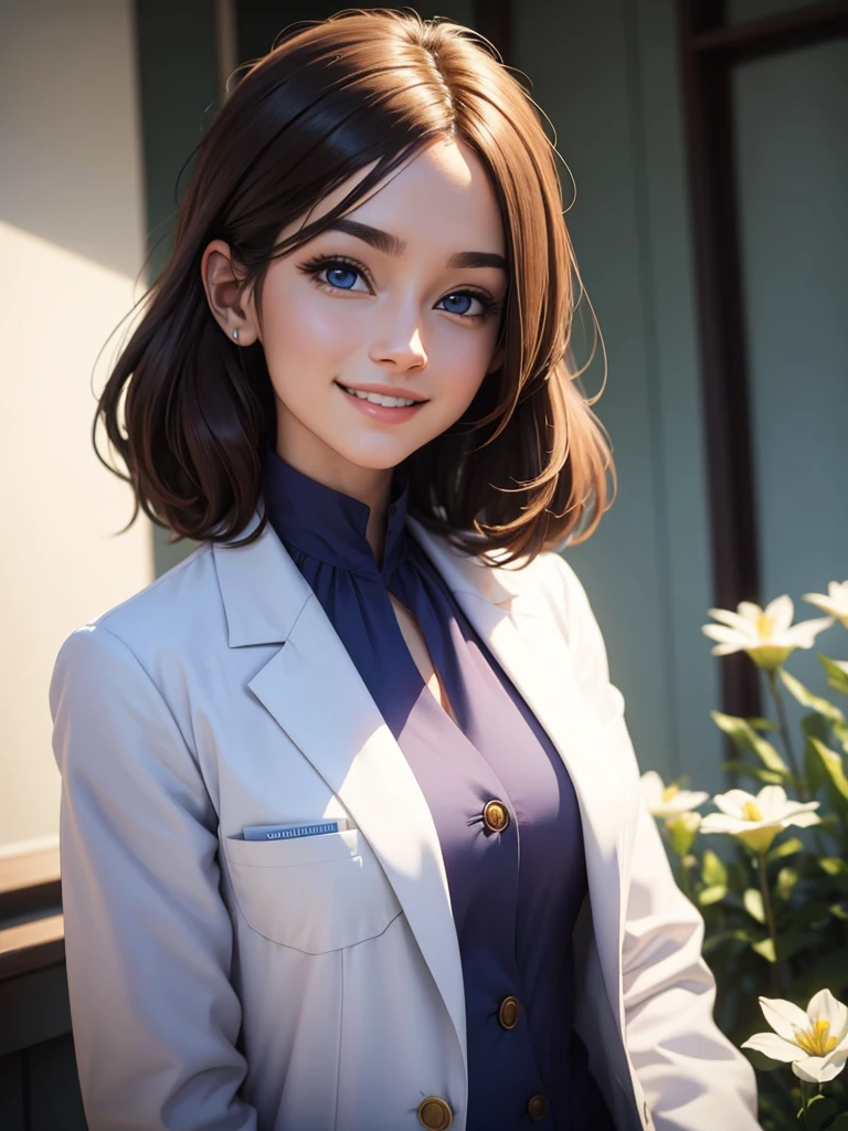 beautiful humanization of medicine, noble young smiling woman in a white medical coat, brown hair, huge light blue eyes full of kindness and happiness, blooming flowers, colors of shadows and light, color scheme, expressive careful detailed drawing, super detailed, delicate natural shades, shine, natural surroundings, beauty, good angle, double exposure, depth, sharpness, captivating haze
