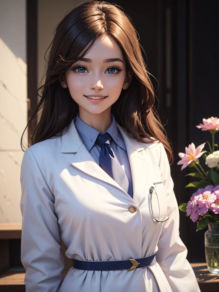 beautiful humanization of medicine, noble young smiling woman in a white medical coat, brown hair, huge light blue eyes full of kindness and happiness, blooming flowers, colors of shadows and light, color scheme, expressive careful detailed drawing, super detailed, delicate natural shades, shine, natural surroundings, beauty, good angle, double exposure, depth, sharpness, captivating haze