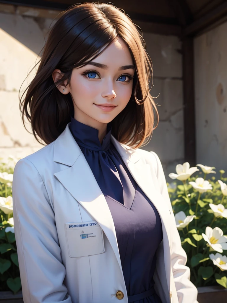beautiful humanization of medicine, noble young smiling woman in a white medical coat, brown hair, huge light blue eyes full of kindness and happiness, blooming flowers, colors of shadows and light, color scheme, expressive careful detailed drawing, super detailed, delicate natural shades, shine, natural surroundings, beauty, good angle, double exposure, depth, sharpness, captivating haze