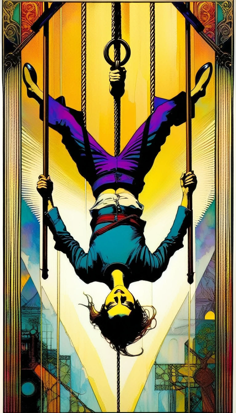 ((tarot card)) THE HANGED MAN ((card frame)), (man TIED AND Hung upside down) work by Bill Sienkiewicz, vivid colors, intricate details, oil.
