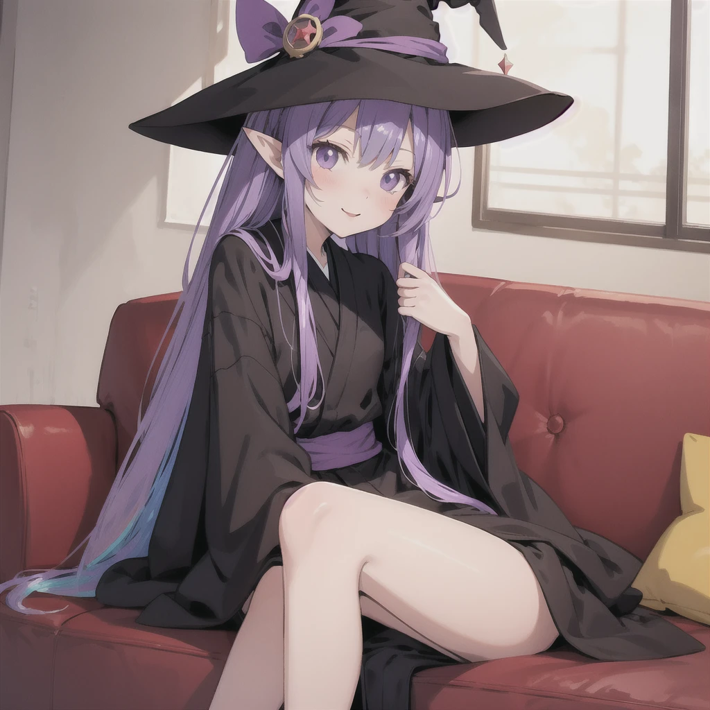 anime girl long purple hair wearing a black Robe. she has pointy ears. Witch Hat. Manga kawaii. iridescent ,An illustration, Sit on the sofa,One person