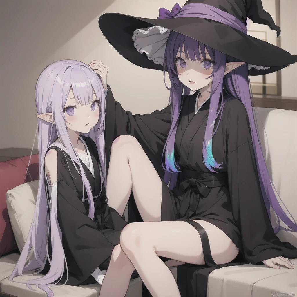 anime girl long purple hair wearing a black Robe. she has pointy ears. Witch Hat. Manga kawaii. iridescent ,An illustration, Sit on the sofa,One person