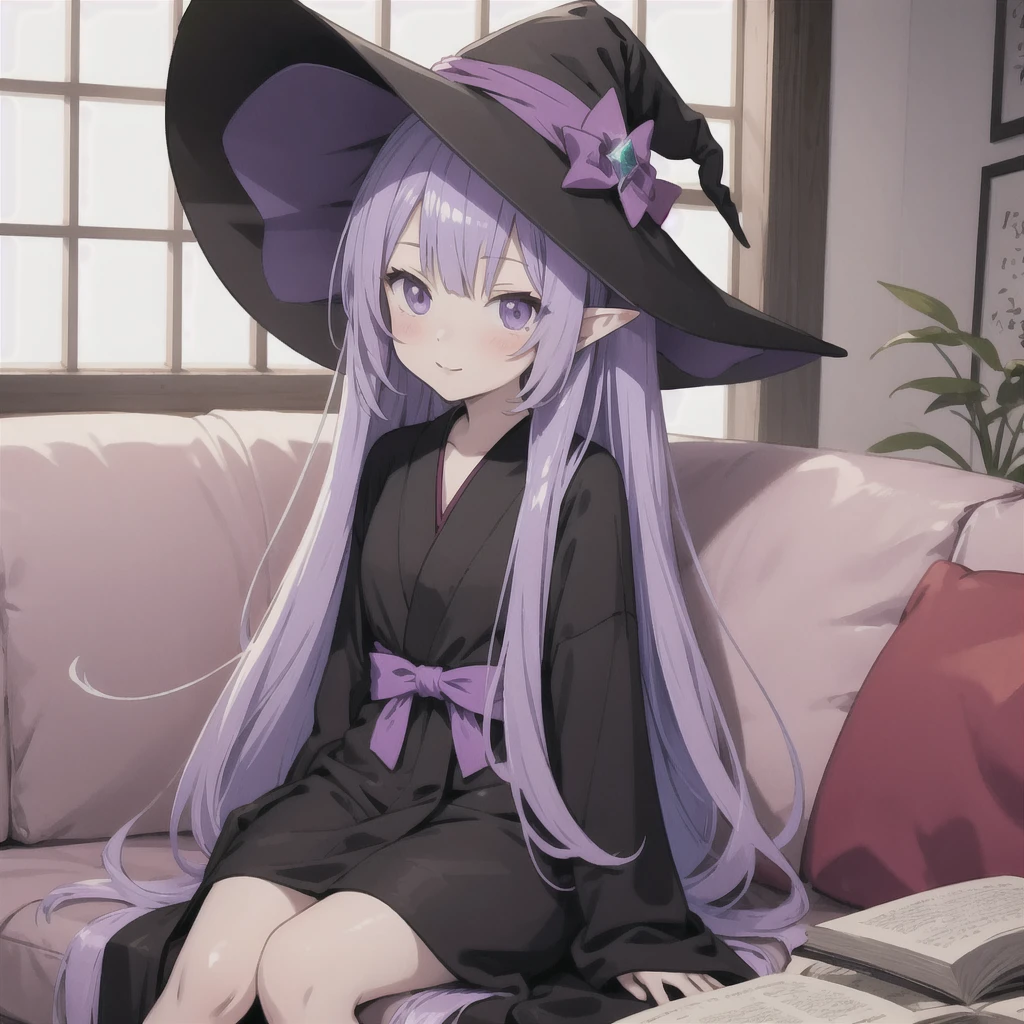 anime girl long purple hair wearing a black Robe. she has pointy ears. Witch Hat. Manga kawaii. iridescent ,An illustration, Sit on the sofa,One person