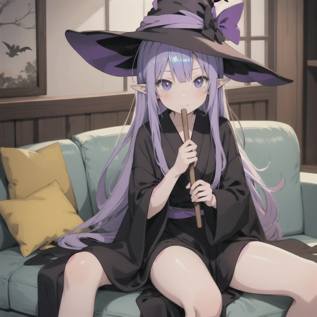 anime girl long purple hair wearing a black Robe. she has pointy ears. Witch Hat. Manga kawaii. iridescent ,An illustration, Sit on the sofa,One person