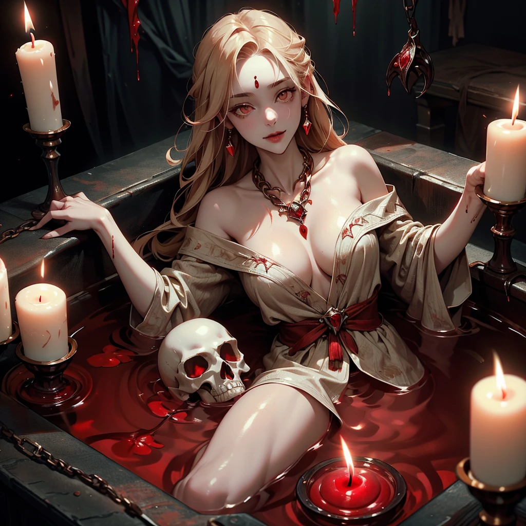 in the background skulls with lit candles, bloodbath girl with tied up blonde hair, yellow eyes, very pale skin, covered in blood, bathing in a tub of vibrant red blood, with medium breasts, white dress stained with blood, necklace gold on the neck. demon face, slight smile, macabre full of blood, scary image. around lit candles illuminating, in the background skulls with lit candles. the red blood from the bathtub partially covers her breasts, perfect female body and FullHD, 8K image