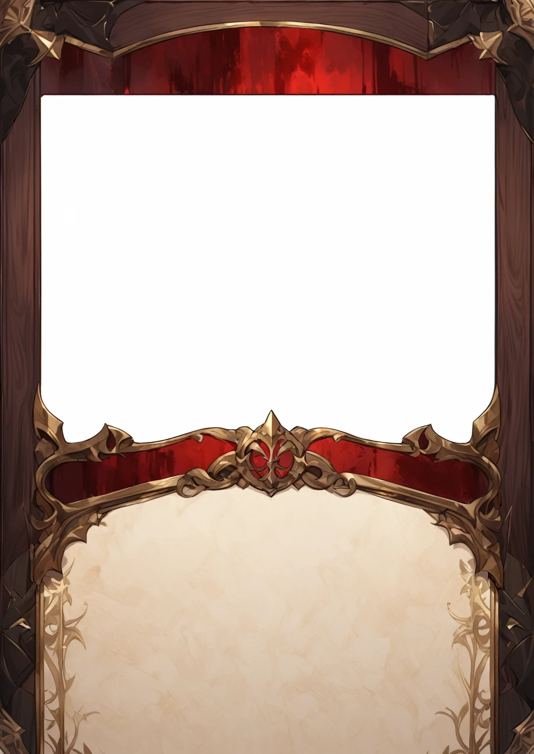 A card border UI，Medieval European aristocracy design，Noble and elegant dark style，Redwood frame，Parchment backing，There are blood stains on it。Deep Red、Emerald Green、Gold main tone。