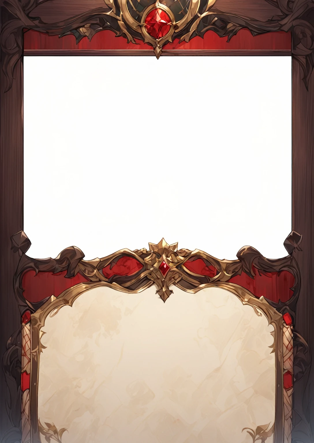 A card border UI，Medieval European aristocracy design，Noble and elegant dark style，Redwood frame，Parchment backing，There are blood stains on it。Deep Red、Emerald Green、Gold main tone。