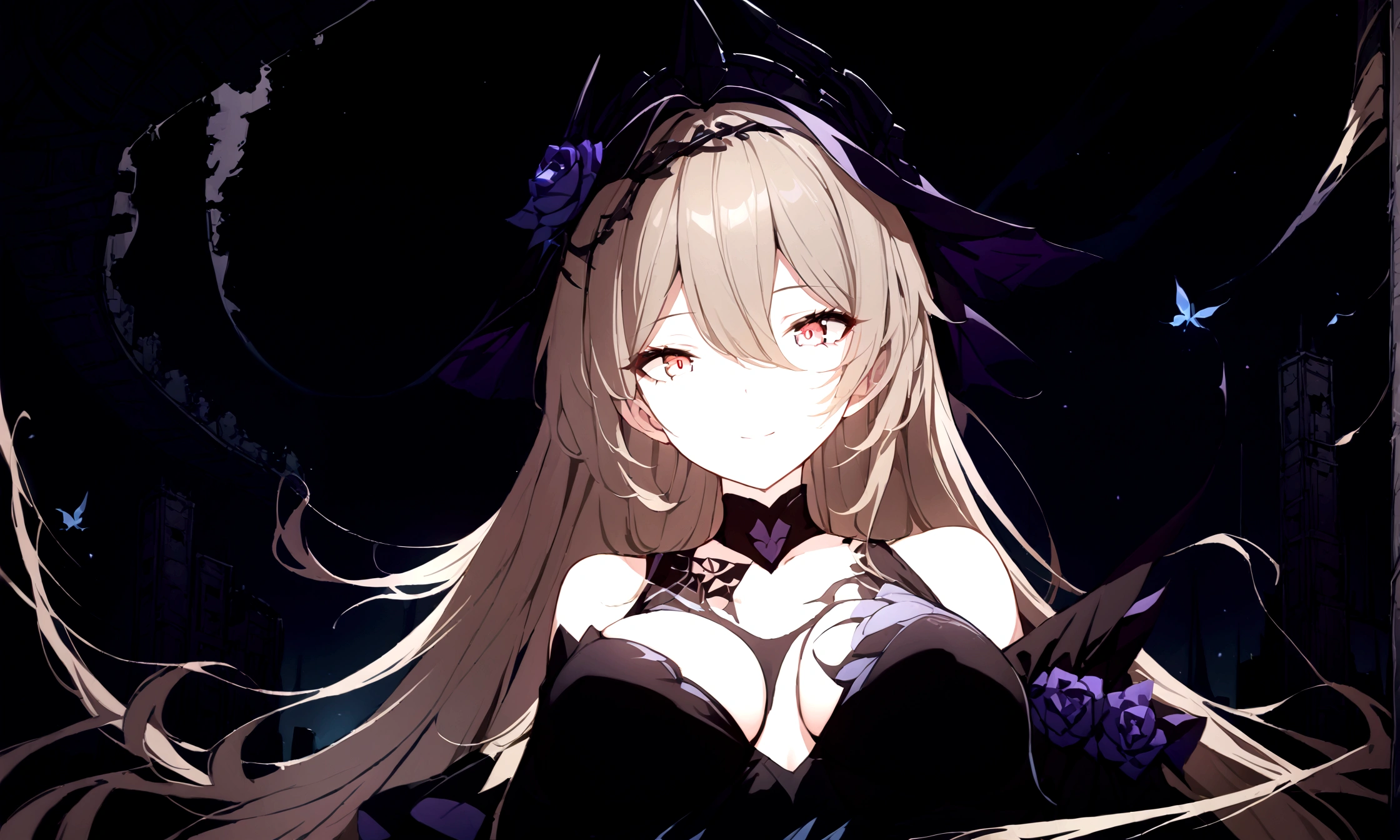 (best quality, highres, masterpiece : 1.4), (flatten art : 0.8), masterpiece, (best quality), 1woman, anime, beige long hair, fair skin, faint red eyes, black and purple headress, medium sized breast, calm smile, (detailed face), black dress, city ruin, close-up, alluring, dynamic angle, eyes to the viewer