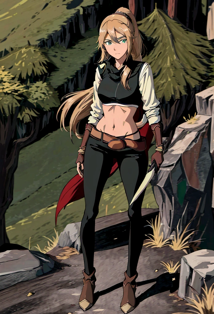 Create a 2D manga-style image of a young white woman named Lucina. She is a rogue in a medieval RPG setting. Lucina has long blonde hair tied in a ponytail., green eyes and a serious expression. His clothes are predominantly green and black.. She wears a fitted black top, a black cape and black pants, all with green details. Also include brown accessories, like a belt and boots. Lucina wears a brown glove on her left hand and brown anklets.. The background should reflect a medieval environment with fantasy elements, like a castle in the distance or a dense forest.

