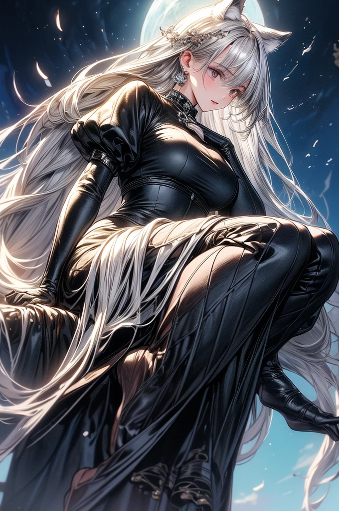 ((masterpiece, Highest quality)),Ultra-high resolution, (realism: 1.4),Best illustrations,Line art,Very condensed adult female,Delicate and beautiful features,Slit eyes,Sharp face,Very detailed white coat,Silver Hair,Wolf ears,Big tail,Fantasy,The background is a full moon and wilderness,wide aperture,Unreal 5,Scattered beneath the surface,Anatomically correct,Low angle full body shot