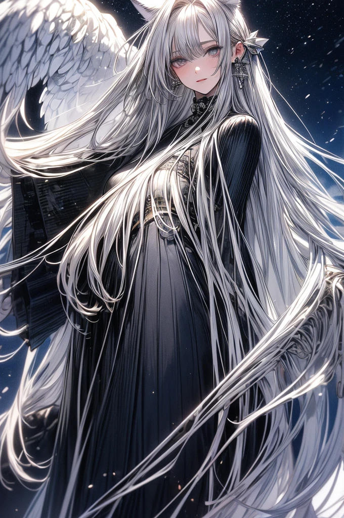 ((masterpiece, Highest quality)),Ultra-high resolution, (realism: 1.4),Best illustrations,Line art,Very condensed adult female,Delicate and beautiful features,Slit eyes,Sharp face,Very detailed white coat,Silver Hair,Wolf ears,Big tail,Fantasy,The background is a full moon and wilderness,wide aperture,Unreal 5,Scattered beneath the surface,Anatomically correct,Low angle full body shot