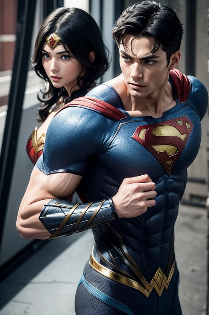 Son of Superman and Wonder Woman. gray blue eyes, black short hair, masculine.