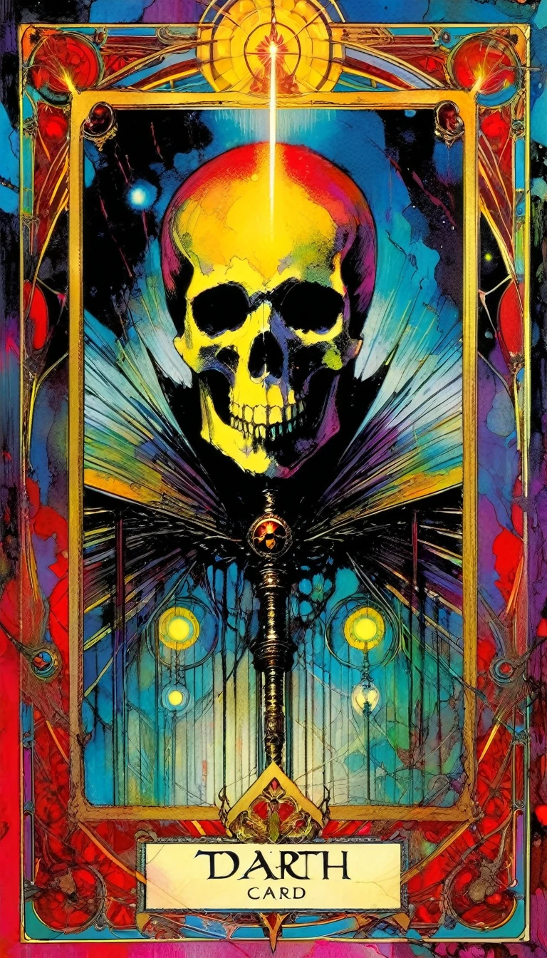 ((tarot card)) DEATH ((card frame)), work by Bill Sienkiewicz, vivid colors, intricate details, oil.