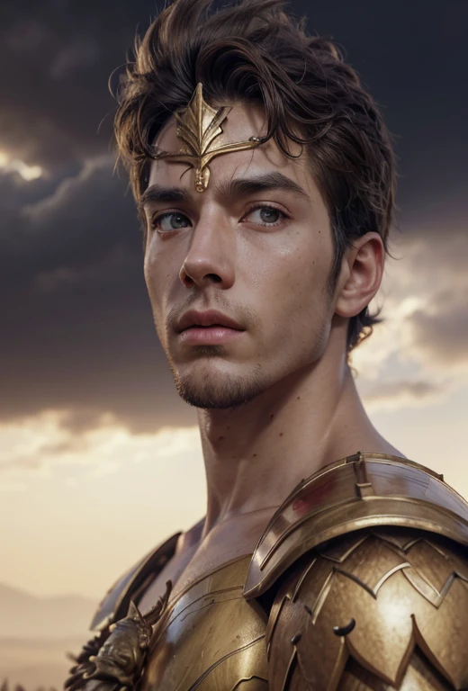 best quality,4k,8k,highres,masterpiece:1.2,ultra-detailed,realistic:1.37,portraits,shining bronze armors,golden glowing lion-skin cloak,majestic pose,strong muscular physique,heroic facial expression,epic battle scene,smoke and dust in the background,vivid colors,sharp focus,studio lighting,physically-based rendering,mythological hero,superhuman strength,sword and shield,herculean labors,ancient greek mythology,sunlight filtering through the clouds