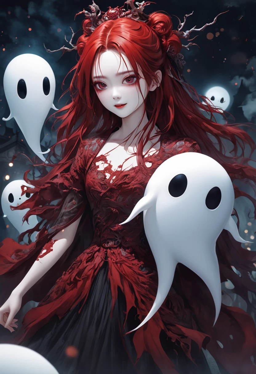 (Attractive girl, smile,) 「ghost」See[Plushie, Eyes stare, very beautiful, wuxia, Chinese, Horror manga style, dark, soul, dark red, Photorealistic Eyes, Bokeh, Monstrous, Surreal illustration, Horror Illustrator, Pathological theme, Hollow Knight&#39;s Art Style, Full Body Shot, Full Body Shot, ((masterpiece, High resolution, high quality, 最high quality))