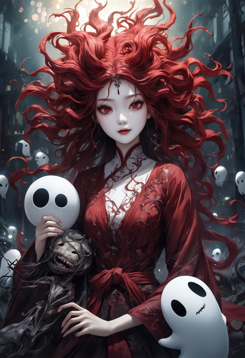 (Attractive girl, smile,) 「ghost」See[Plushie, Eyes stare, very beautiful, wuxia, Chinese, Horror manga style, dark, soul, dark red, Photorealistic Eyes, Bokeh, Monstrous, Surreal illustration, Horror Illustrator, Pathological theme, Hollow Knight's Art Style, Full Body Shot, Full Body Shot, ((masterpiece, High resolution, high quality, 最high quality))