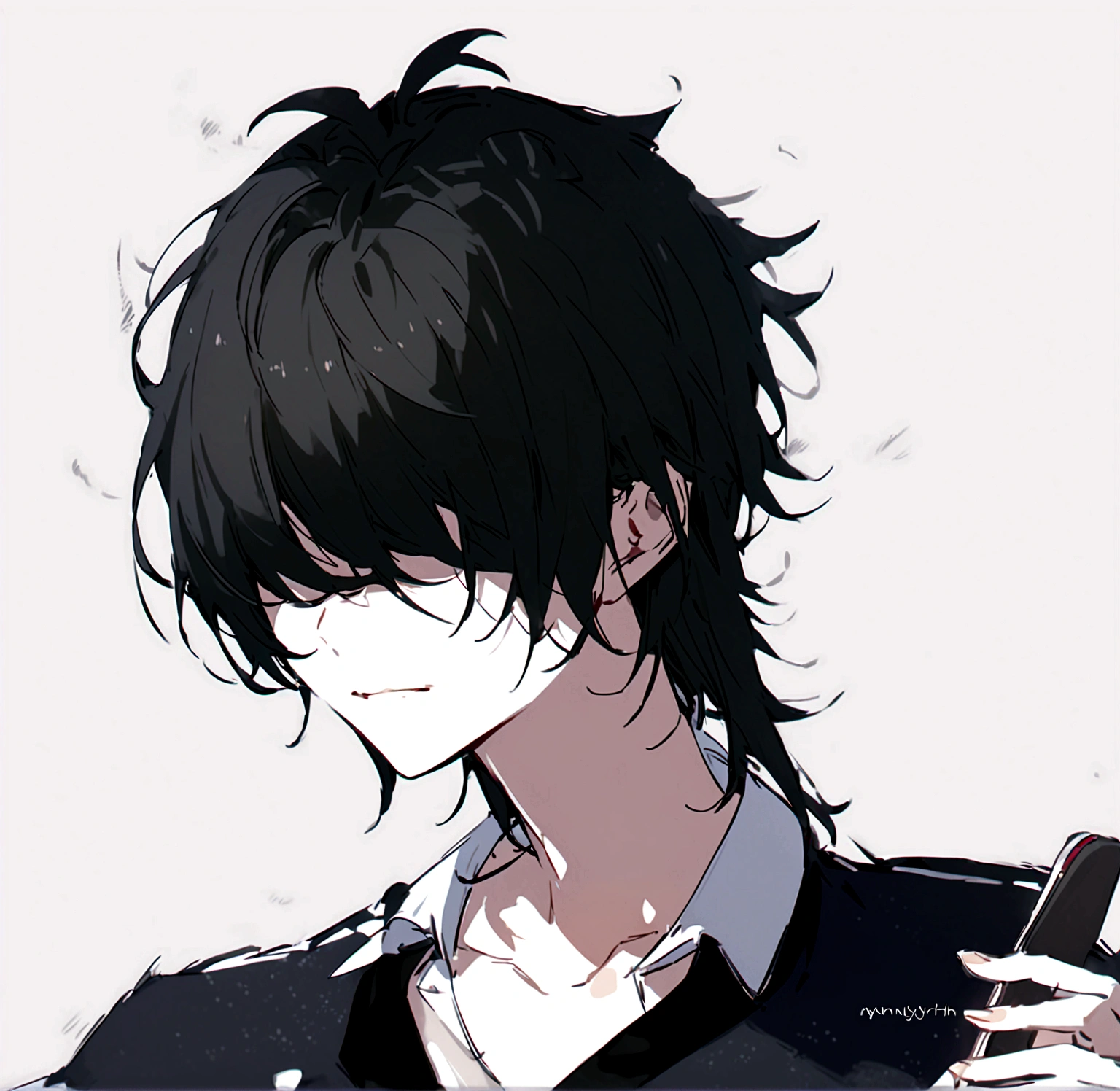 A handsome young man with side swept hair bangs the covered his eyes he has messy black hair and wears simple yet stylish clothes his face devoid of emotion