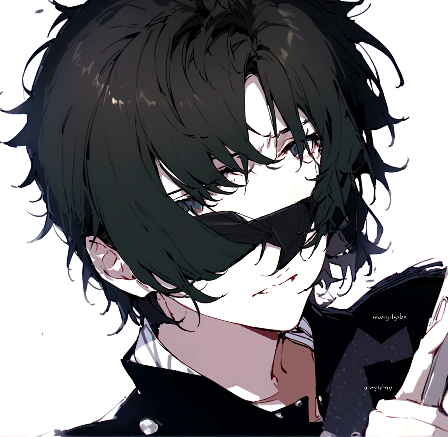 A handsome young man with side swept hair bangs the covered his eyes he has messy black hair and wears simple yet stylish clothes his face devoid of emotion
