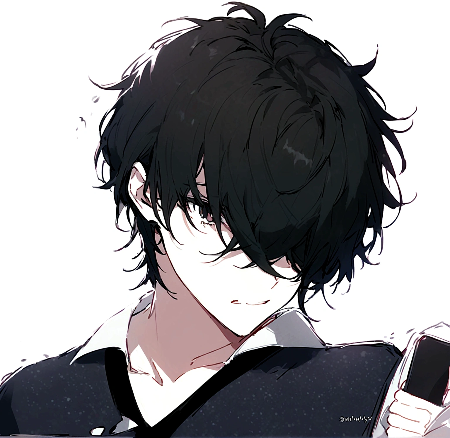 A handsome young man with side swept hair bangs the covered his eyes he has messy black hair and wears simple yet stylish clothes his face devoid of emotion