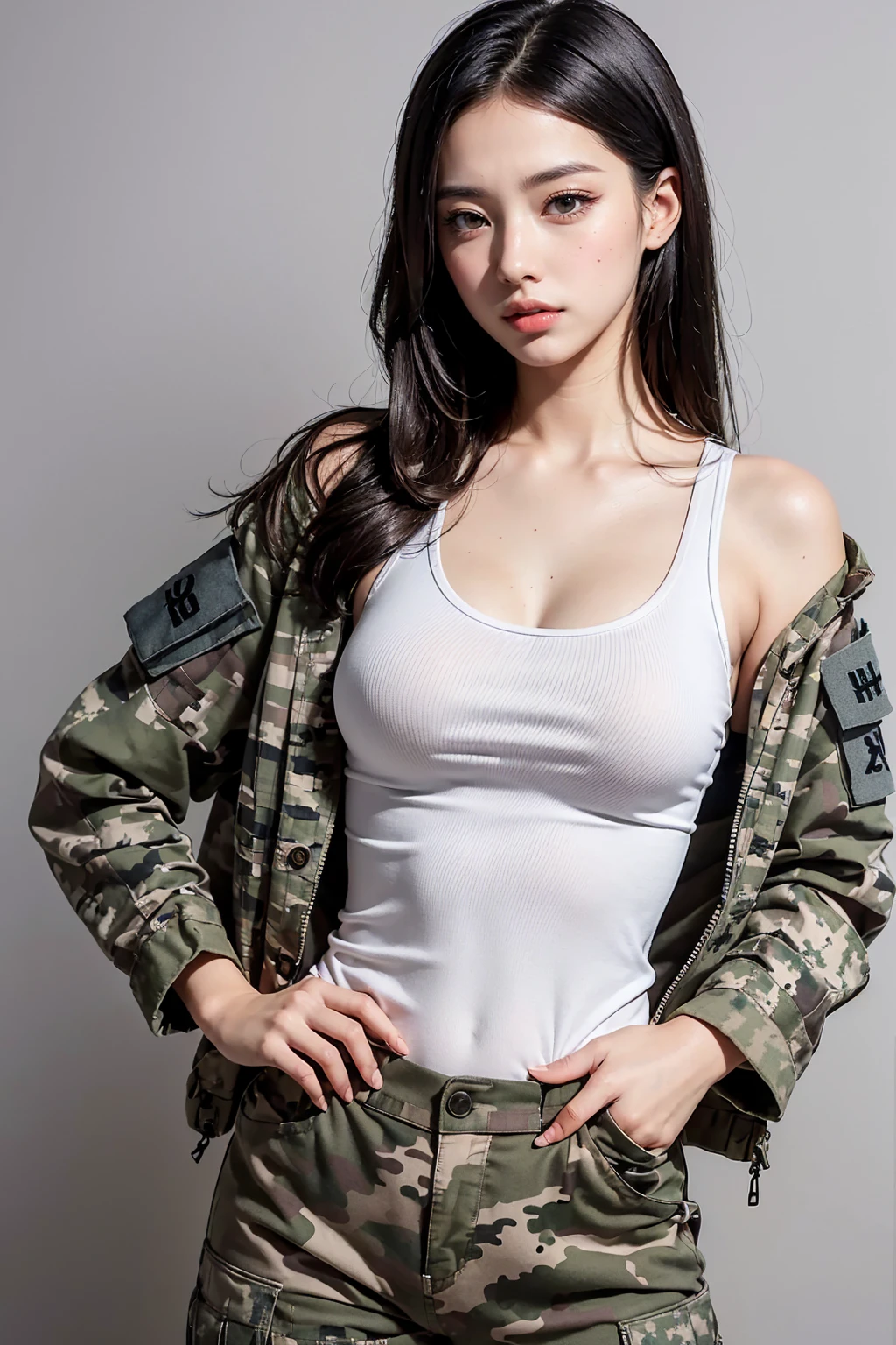 Realistic, masterpiece, Highest quality, Highest Resolution, (Gray blank background:1.3), (1girl:1.3), Photographed from the waist up, 20-year-old, Sharp Eyes, glaring angrily, Slightly to the side, (Beautiful narrow eyes, (Iris:1.2), (Hidden eyelid wrinkles:1.2), Thin eyebrows, Draw eyelashes carefully, Natural Makeup, Mid-length hair, Silver Hair, Detailed face), (White tank top, Camouflage pattern cargo pants), (Military training equipment:1.3), (Military jacket in hand:1.3)